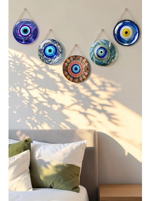 Nod Nazar Boncuğu Kristal Mdf Ipli Tablo Seti, 5’li Modern Duvar Dekoru, Salon, Oturma Odası, Ev Için