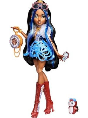 Esplendor Mavi Bluzu ve Siyah Şortuyla Monster High Robecca Steam Bebek, Evcil Penguen Kaptan Penny ve Uçuş Gözlüğü ile Çanta Gibi 7 Aksesuar, JMB81