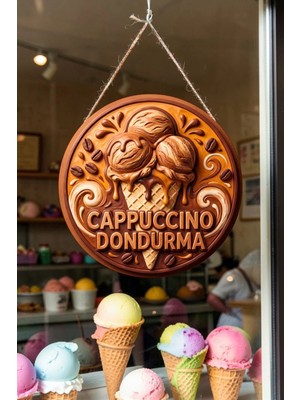 Nod Cappuccino Dondurma Görselli Ipli Ahşap Kapı ve Duvar Süsü, Cafe, Dondurmacı Tabelası Dekoru