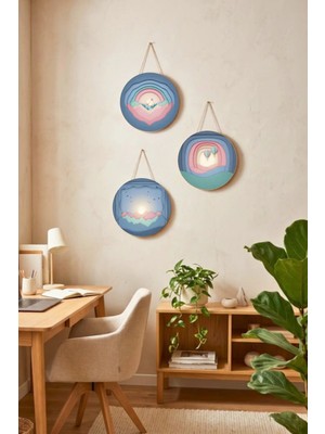 Nod Pastel Dağ Manzaralı 3'lü Yuvarlak Tablo Seti Ipli Mdf Ahşap Duvar Dekoru Katmanlı Görünüm