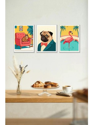Nod Pop Art Hayvan Portre 3'lü Çerçeve Görünümlü 30X40 cm Mdf Tablo Seti Salon Duvar Dekoru