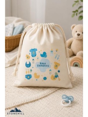 Esplendor Baby Elements Baskılı Ham Bez Büzgülü Bebek Torbası 30X40 cm 2'li Set - Çok Amaçlı Bebek Eşyası Saklama ve Organizer Çantası (Mavi)