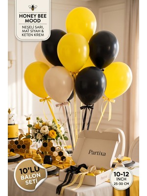 Partixa Arı Konsepti 10'lu Lateks Balon Seti Mat Doğal Lateks Arı Maya 1 Yaş Doğum Günü Balonları Neşeli Sarı Mat Siyah Keten Krem