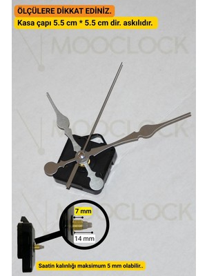 MOOCLOCK Saat Mekanizması, Akar Sessiz Duvar Saati Mekanizması, 14 mm Şaft, Akrep-Yelkovan-Saniye-(Askılı)