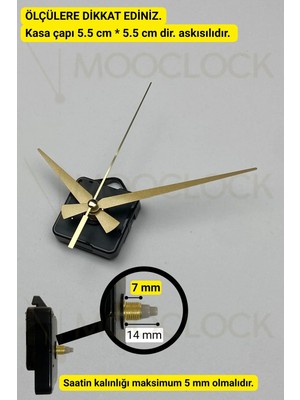 MOOCLOCK Saat Mekanizması, Akar Sessiz Duvar Saati Mekanizması, 14 mm Şaft, Akrep-Yelkovan-Saniye-(Askılı)