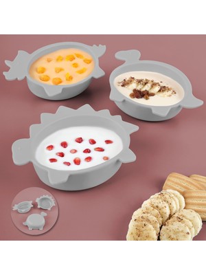 Esplendor Meleni Baby 3'lü Hayvan Figürlü Silikon Bebek Mama Kasesi Seti - Şekilli Bebek Beslenme Kasesi Gri