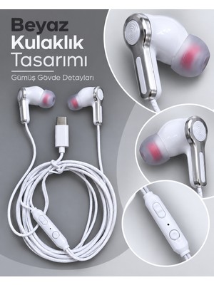 Ematcrt Kumandalı ve Silikon Başlıklı Beyaz Type C Kablolu Kulaklık - Lisinya