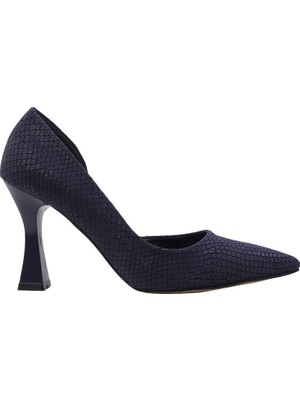 Hobby Lacivert Baskılı Deri Kadın Stiletto Ayakkabı 9 cm Kadeh Topuk
