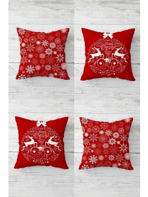 Esplendor Pelangi Christmas Yılbaşı Kar Tanesi ve Geyik Gizli Fermuarlı Kırlent Kılıfı Yastık Kılıfı TAKIM(4ADET), Kırmzı-Beyaz 43 x 43