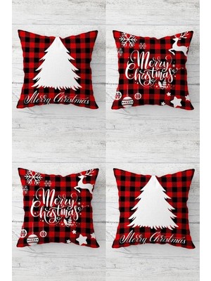Esplendor Pelangi Çam Ağacı Geyik Yılbaşı Christmas Noel Gizli Fermuarlı Kırlent Kılıfı Yastık Kılıfı TAKIM(4ADET), Ekose-Beyaz-Kırmızı 43 x 43