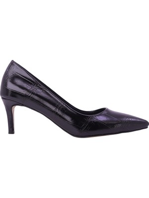 Hobby Stiletto Siyah Baskılı Suni Deri Kadın Ince Topuklu Ayakkabı 6,5 cm