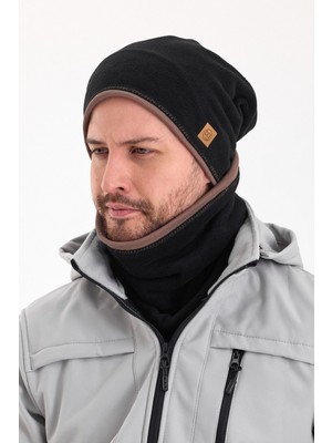 Butikgiz Erkek Polar Dış, Pamuklu Iç Kısım Çift Renk Çift Katman Katlanabilir Bere Boyunluk Takım