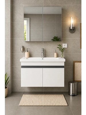 DMZ Home Concept Arista 80 cm Beyaz Banyo Dolabı Takımı – Tamamı MDF, Seramik Lavabolu, Alt Dolap ve Aynalı Üst Dolaplı