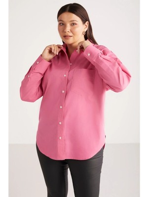 TeknoKapsül Susan Kadın Büyük Beden Poplin Manşetli Oversize Pembe Büyük Beden Gömlek