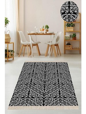 Esplendor Pelangi Siyah Geometrik Desenli Osmanlı Motif Dijital Baskı Yıkanabilir Kaymaz Taban Kilim Model Halı, Siyah 80 x 50
