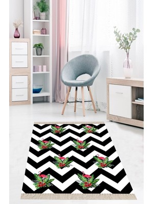 Esplendor Pelangi Flamingo Zigzag Desenli Modern Dijital Baskı Yıkanabilir Kaymaz Taban Salon Halı ve Yolluk, Siyah-Beyaz 160 x 240