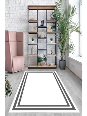Esplendor Pelangi Beyaz Zemin Gri Çerçeveli Yıkanabilir Kaymaz Taban Leke Tutmaz Modern Salon Halısı ve Yolluk, Beyaz 160 x 350, 7457102716035005