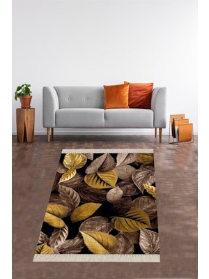 Esplendor Pelangi Gold Yaprak Desenli Dijital Baskı Yıkanabilir Kaymaz Taban Leke Tutmaz Modern Salon Halısı Yolluk, Kahve-Gold 100 x 400