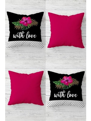 Esplendor Pelangi With Love Yazılı Çiçekli Sevgili Gizli Fermuarlı Kırlent Kılıfı Koltuk Yastık Kılıfı TAKIM(4ADET), Fuşya Siyah 43 x 43