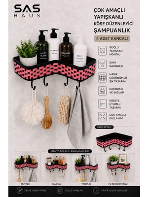 Esplendor Sas Haus Hasır Görünümlü Yapışkanlı Köşe Şampuanlık 4 Kancalı Plastik Banyo Düzenleyici, Narçiçeği