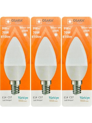 Esplendor Osaka 9W (70W) Beyaz Işık (6500K) E14 LED Mum Ampul, 3 Adet