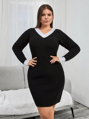 TeknoKapsül Kadın Uzun Kollu V Yakalı Kısa Triko Elbise - Siyah / 2xl