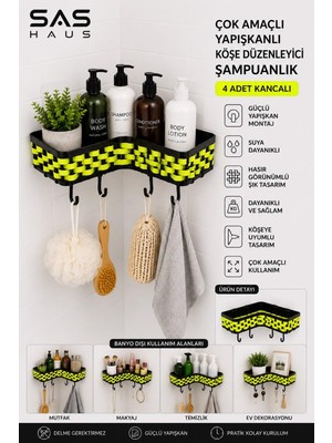 Esplendor Sas Haus Hasır Görünümlü Yapışkanlı Köşe Şampuanlık 4 Kancalı Plastik Banyo Düzenleyici, Neon Sarı