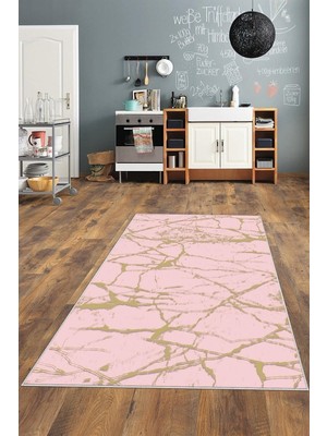 Esplendor Pelangi Pembe Gold Desenli Yıkanabilir Kaymaz Taban Leke Tutmaz Modern Salon Halısı ve Yolluk, Pembe 100 x 500, 135822710050005