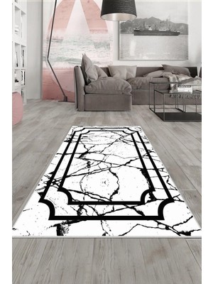 Esplendor Pelangi Beyaz Gri Çerçeve ve Efektli Yıkanabilir Kaymaz Taban Leke Tutmaz Modern Salon Halısı ve Yolluk, Beyaz-Siyah 80 x 350, 13581198035005