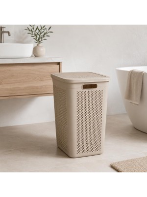 Esplendor Slim Kapaklı Çamaşır Sepeti, Ince Dar Alan Plastik Kirli Çamaşır Kutusu, Banyo Çamaşır Odası ve Dolap Yanı Kullanımına Uygun Kirli Sepeti (Latte)