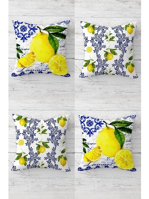 Esplendor Pelangi Limon ve Limon Çiçekleri Desenli Gizli Fermuarlı Kırlent Kılıfı Koltuk Yastık Kılıfı TAKIM(4ADET), Sarı-Lacivert-Beyaz 45 x 45