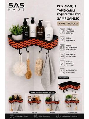 Esplendor Sas Haus Hasır Görünümlü Yapışkanlı Köşe Şampuanlık 4 Kancalı Plastik Banyo Düzenleyici, Siyah-Turuncu Hasır