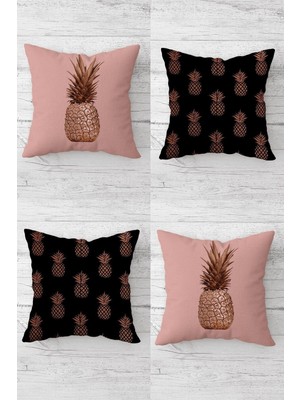 Esplendor Pelangi Rose Ananas Desenli Gizli Fermuarlı Kırlent Kılıfı Koltuk Yastık Kılıfı TAKIM(4ADET), Pembe-Siyah 45 x 45