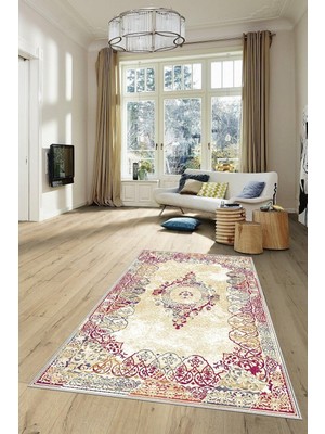 Esplendor Pelangi Klasik Işleme Desenli Vintage Dijital Baskı Yıkanabilir Kaydırmaz Taban Modern Salon Halısı, Fuşya-Krem 160 x 300