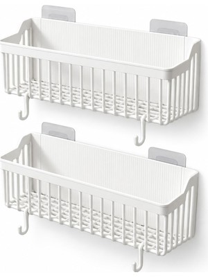 Esplendor Orret Home 2'li Yapışkanlı Banyo Duş Rafı Organizer, Askılı Plastik Raf Sepet, Delme Gerektirmeyen Duvara Monte, Hava Alan Su Tahliyeli Taban, 26X9X10 Cm, Beyaz