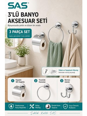 Esplendor Sas Haus 3’lü Krom Banyo Aksesuar Seti Kapaklı Wc Kağıtlık Yuvarlak Havluluk Bornoz Askılık Vidalı V