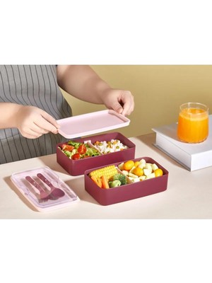 Esplendor Tanemce Mega Boy 2 Katlı Yemek Saklama Kabı 2 Litre - Kendinden Çatal Kaşık Servisli Lunch Box Set, Mor