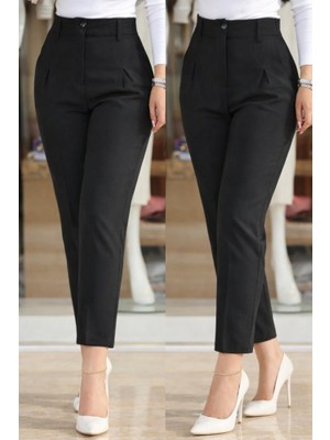 TeknoKapsül Kadın Yüksek Bel Cepli Paça Ağzı Pile Detaylı Ithal Krep Pantolon - Siyah / 2xl-3xl