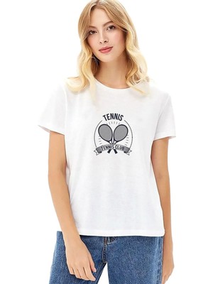 Esplendor Qivi 92076074 Tennis Spor Baskılı Beyaz Kadın Örme Tshirt, Beyaz, Xl