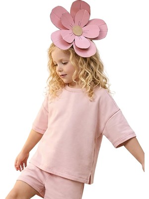 Esplendor Pembe Bisiklet Yaka Oversize T-Shirt Kız ÇOCUK%100 Pamuk