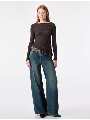 Esplendor Slim Fit Bürümcük Kumaş Dokulu Bisiklet Yaka Uzun Kollu Asimetrik Tişört