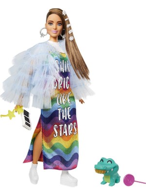 Esplendor Barbie Extra Renkli Elbiseli Bebek ve Hayvan Arkadaşı Timsah, Fırfırlı Mavi Paltosu, Aksesuarları ve Bükülebilen Eklemleri Ile, 3 Yaş ve Üzeri GYJ78