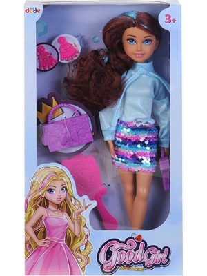 Esplendor Goodgirl Renkli Pullu Etekli Uzun Kahve Saçlı Kız Bebek ve Çanta Seti, 3+ Yaş