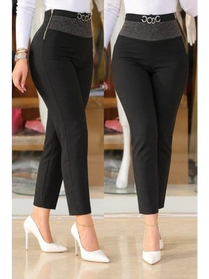 TeknoKapsül Kadın Yüksek Bel Önden Taşlı ve Tokalı Ithal Krep Pantolon - Siyah / L-Xl