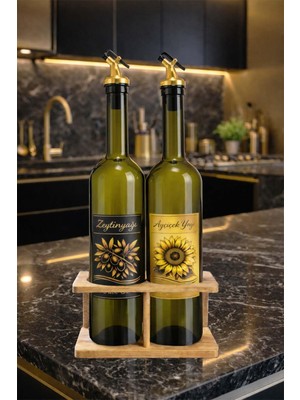 Esplendor Zeytinyağı ve Ayçiçek Yağı Şişesi Seti, Altın Etiket ve Yağdanlık Aparatlı, Korumalı Ahşap Standlı 750 Ml, 2 Adet, Yeşil Cam Şişe (Korumalı Standlı, Altın)