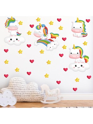 Esplendor Tilki Dünyası Sevimli Unicorn ve Gökkuşağı Duvar Sticker Seti - 4 Farklı Unicorn, Bulutlar, Yıldızlar ve Kalpler - Çocuk ve Bebek Odası Dekoratif Duvar Çıkartması