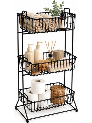 Esplendor Orret Home 3 Katlı Metal Sepet Organizer Düzenleyici, Banyo Mutfak Kiler Için Çok Amaçlı Siyah Tel Raf, Ayaklı Depolama Saklama Standı, Havlu Erzak Deterjan Düzenleme Ünitesi 35 x 25 x 63,5 cm (Siyah)