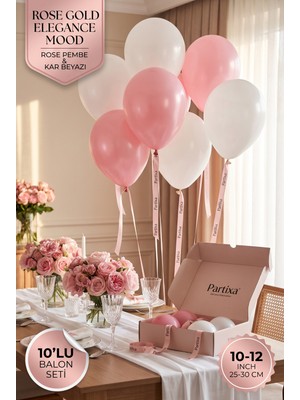 Partixa Rose Gold Konsept 10'lu Lateks Balon Seti Mat Doğal Lateks Şık Bekarlığa Veda ve Doğum Günü Balonları Rose Pembe Kar Beyazı