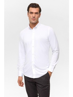 Esplendor Beyaz Slim Düğmeli Yaka Manşetli Casual Gömlek