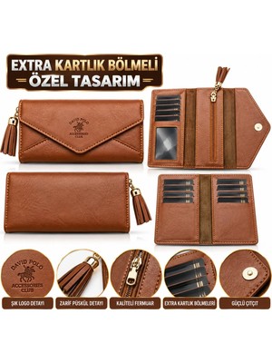 Elan Collection Kadın Cüzdan Özel Tasarım Yumuşak Püskül Aksesuarlı Extra Çıkarılabilir Kartlık Bölmeli Çok Bölmeli Kadın Cüzdan Taba